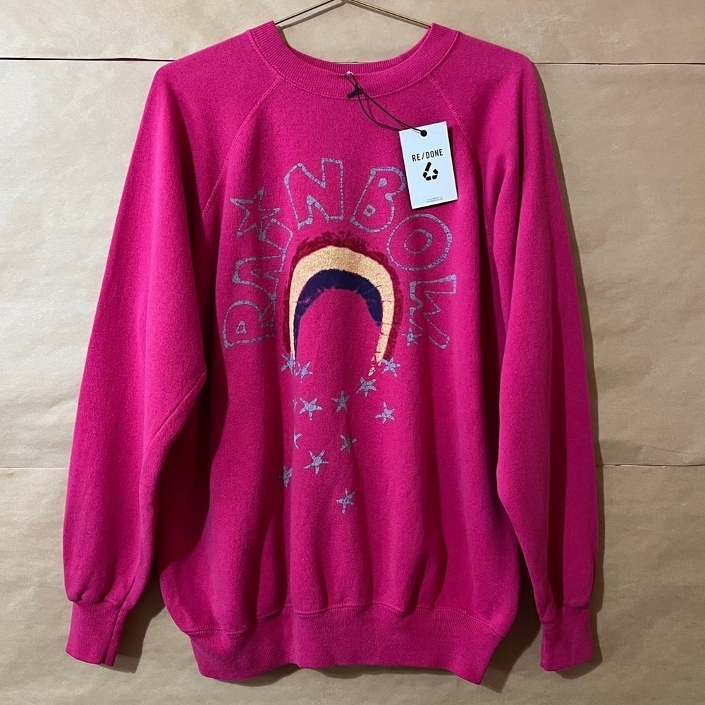 Re/Done NWT Upcycled Sweatshirt Rainbow Graphic Pink Crewneck Pullover Size M/L